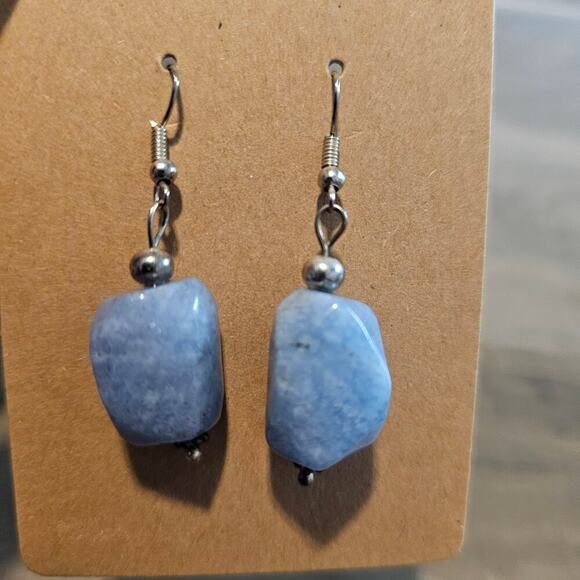 Vintage Blue Quartz Earrings Dangling Drop Gemstone Pierced Jewelry Classic Boho - Picture 2 of 6
